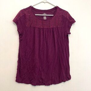 ST. JOHN'S BAY Plum Purple Geo Geometric Crochet Trim Boho Short Sleeve Blouse L